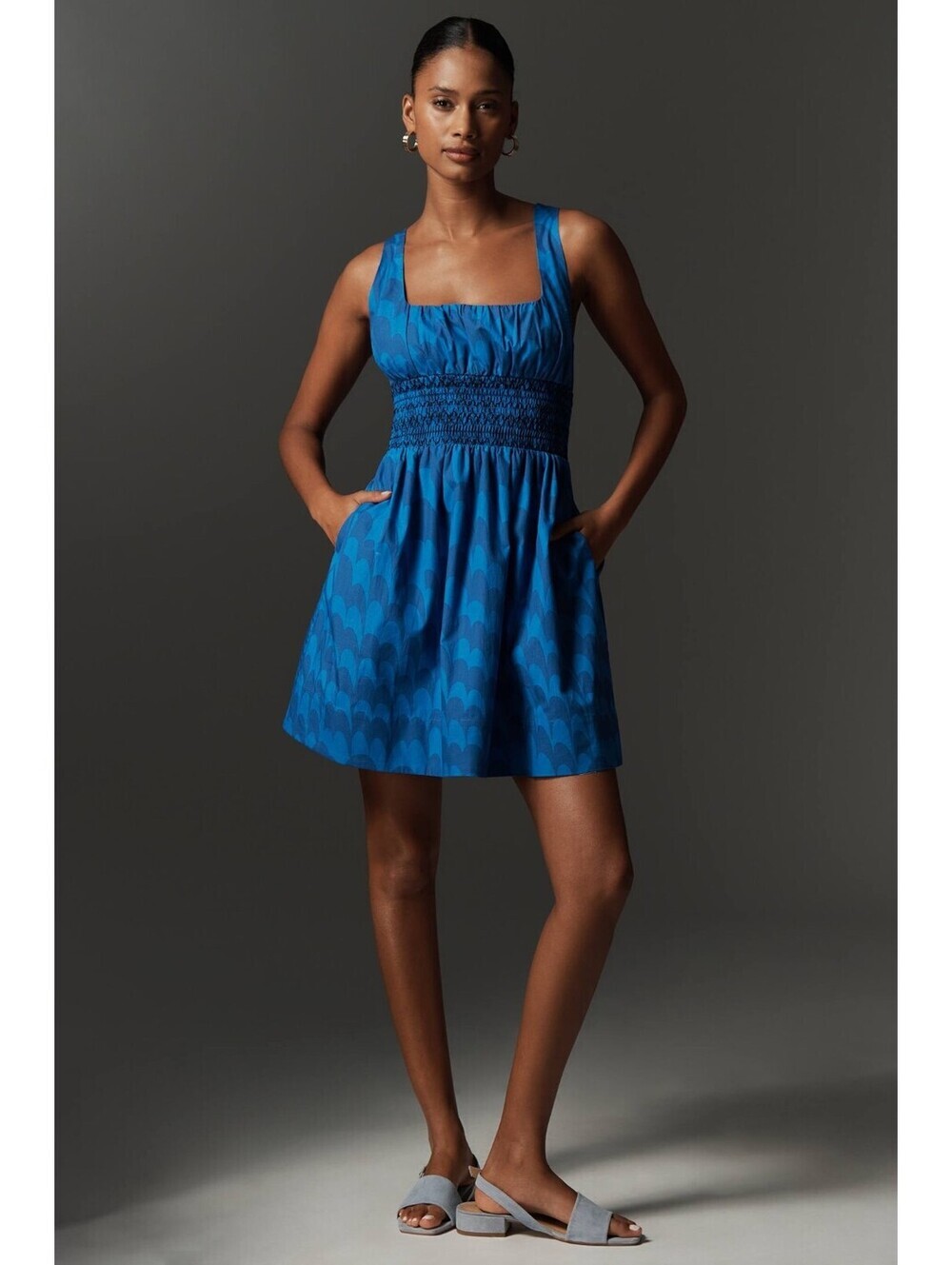 Anthropologie Maeve Blue Smocked Square Neck Mini Dress Size M